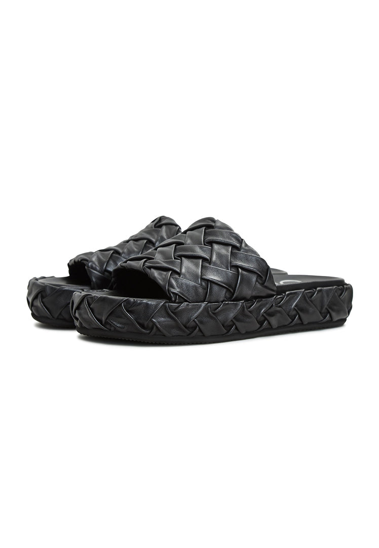 A stylish pair of black Antonella platform slippers for women, perfect for adding a trendy touch to your wardrobe with these fashion slip-on sandals.