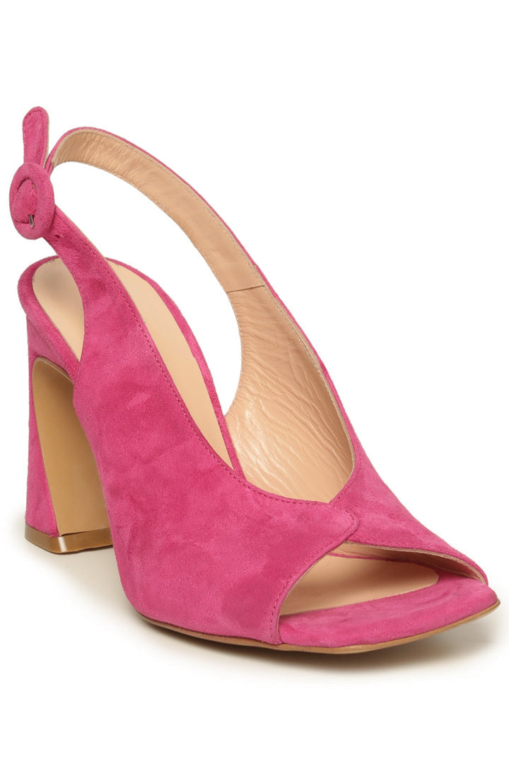 A stylish pair of fuchsia charm peep toe high heel shoes for women.
