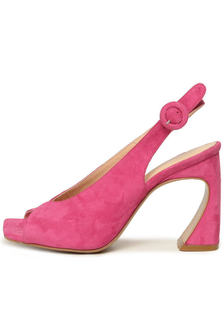 A stylish pair of fuchsia peep toe charm high heel shoes for women.