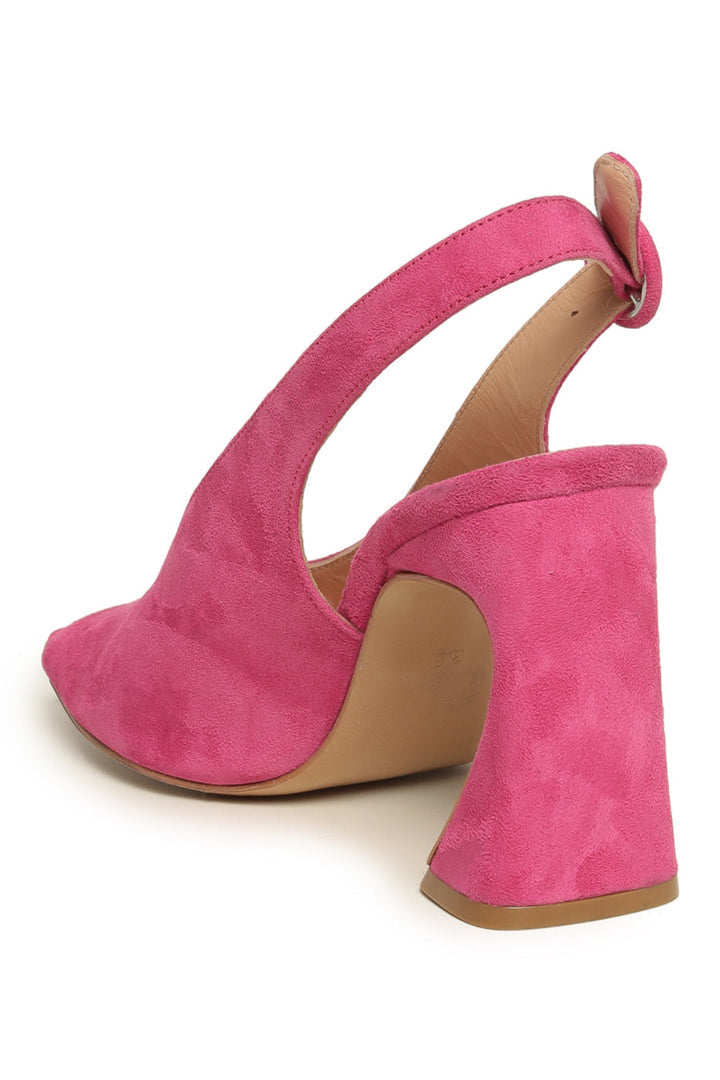 A pair of stylish fuchsia high heel peep toe charm heels for women.
