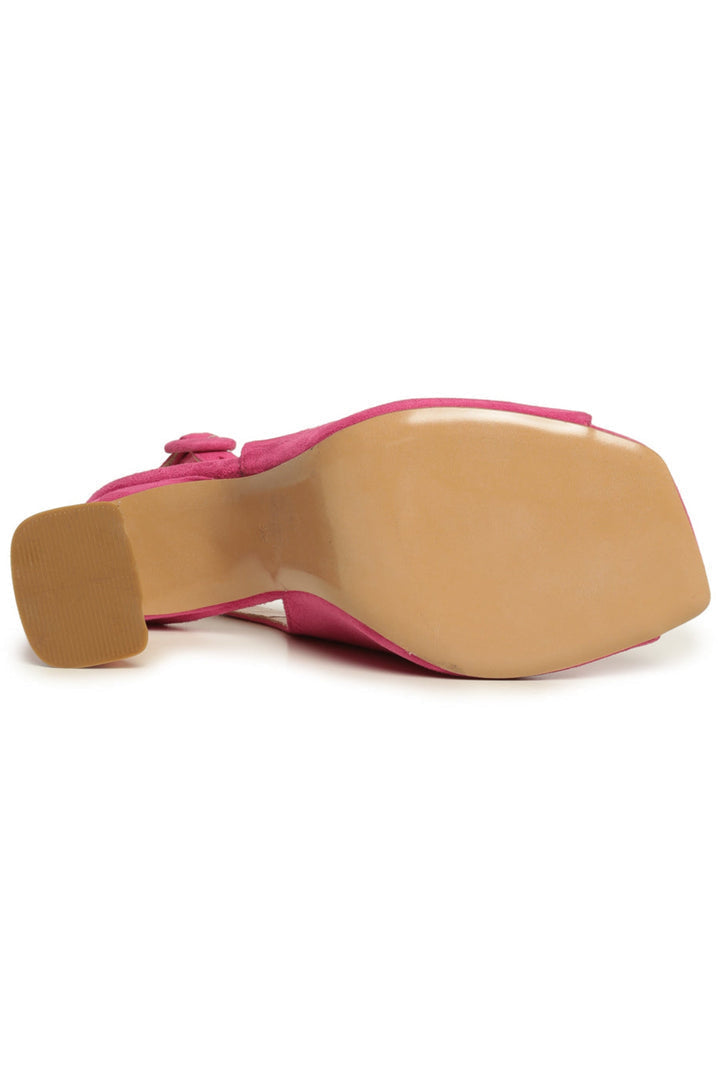 A stylish pair of fuchsia charm peep toe high heel shoes for women.