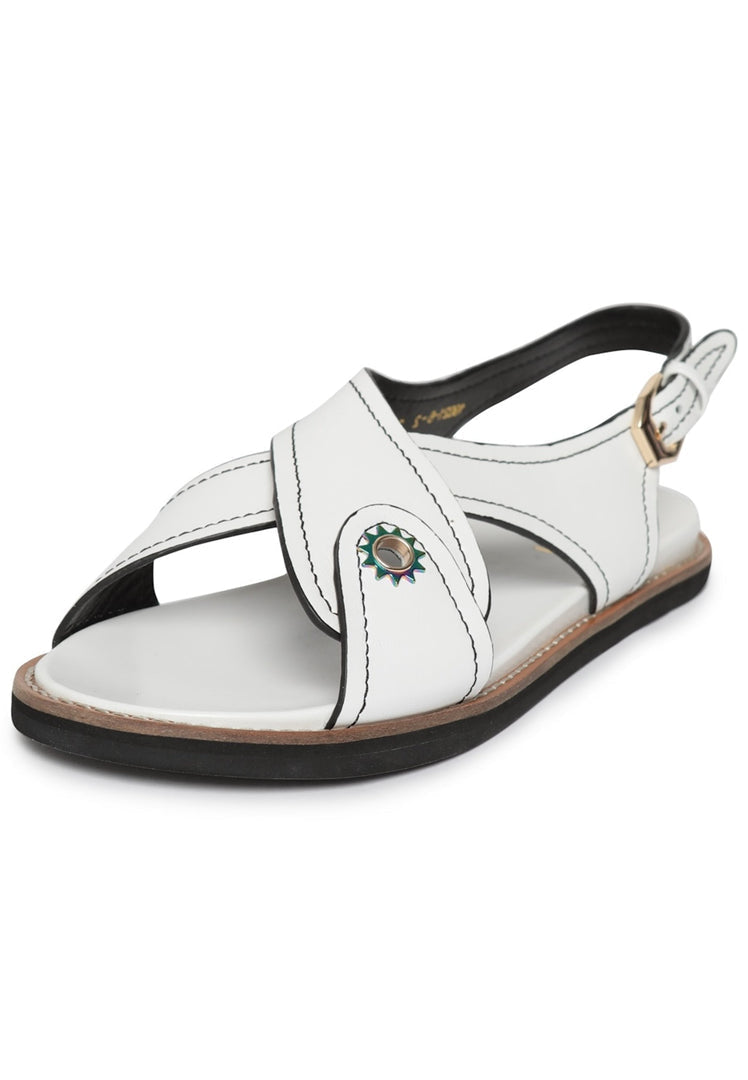 A pair of stylish leather flat sole sandals, perfect for urban settings.
