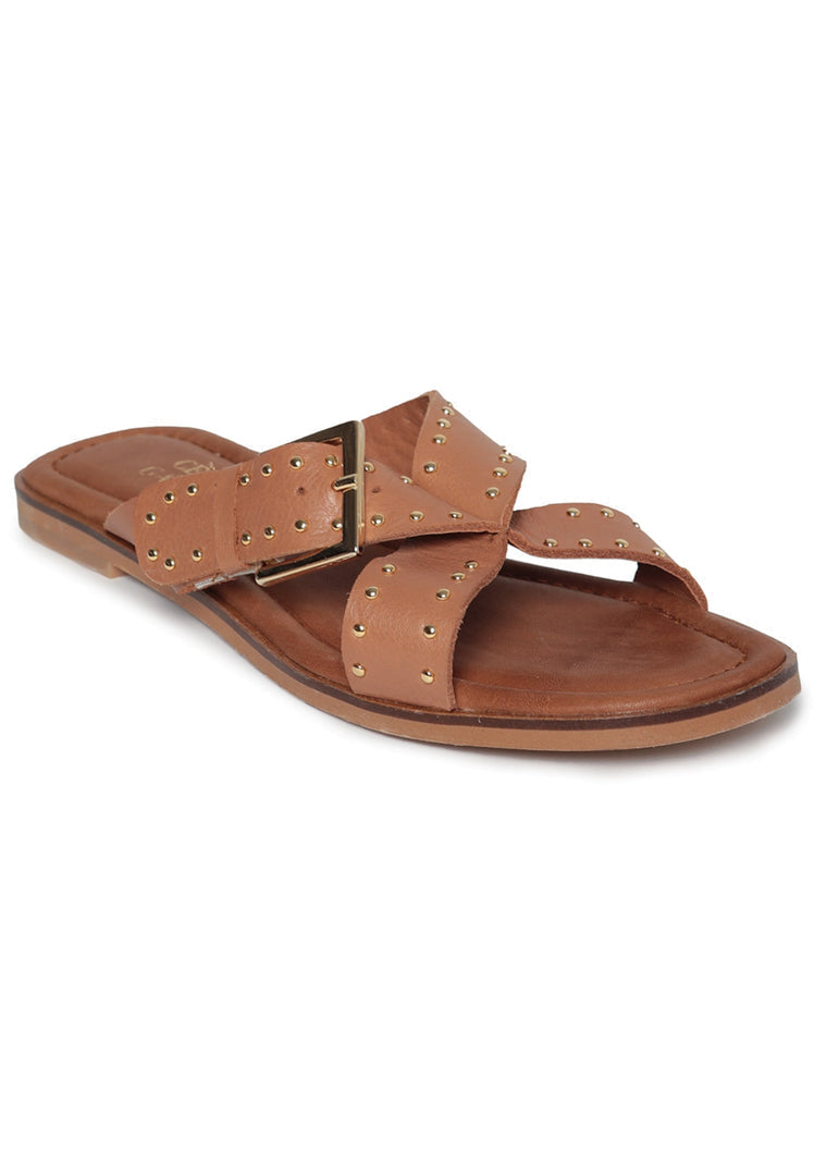 A pair of stylish women's open toe leather sandals, perfect for summer, featuring an open tip design.