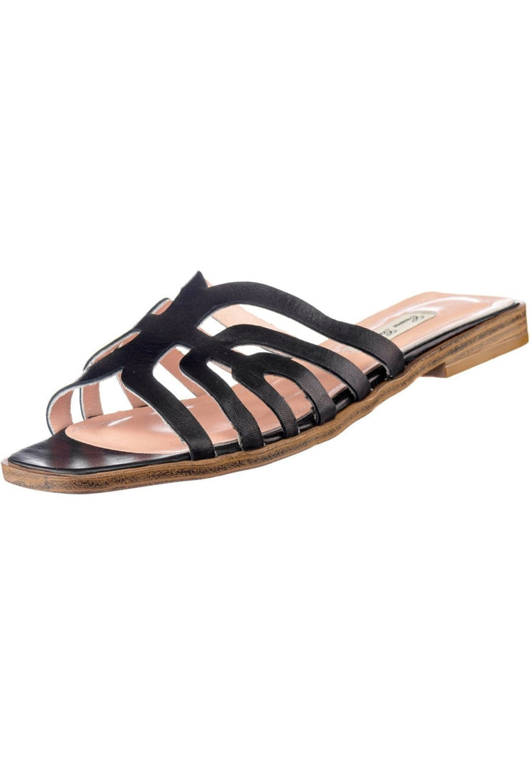 A pair of stylish black laser cut sandals, perfect for any outfit.