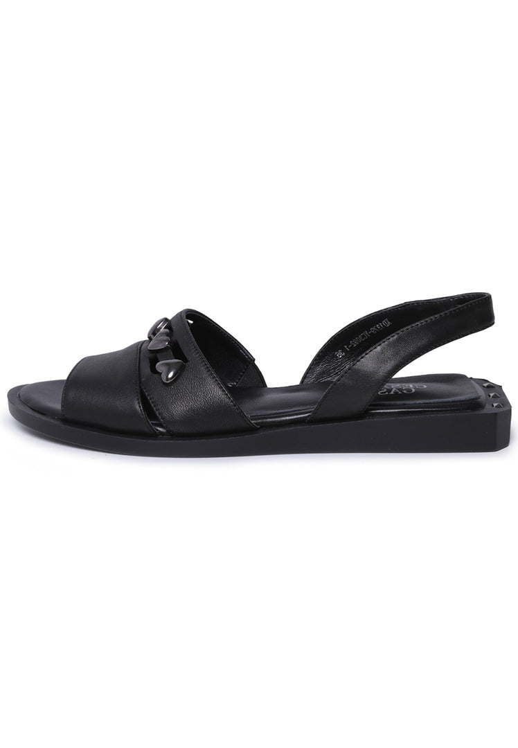 A stylish pair of black leather open toe sandals for women, perfect for summer footwear fashion.