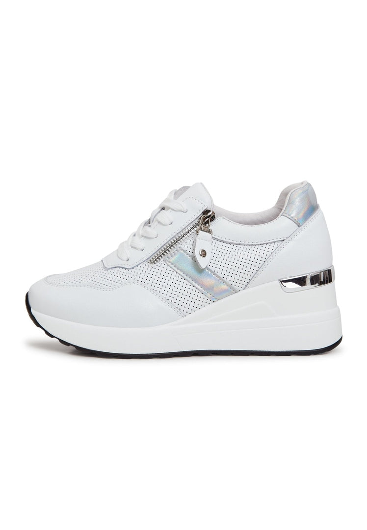 A pair of stylish white leather sneakers on a white background.