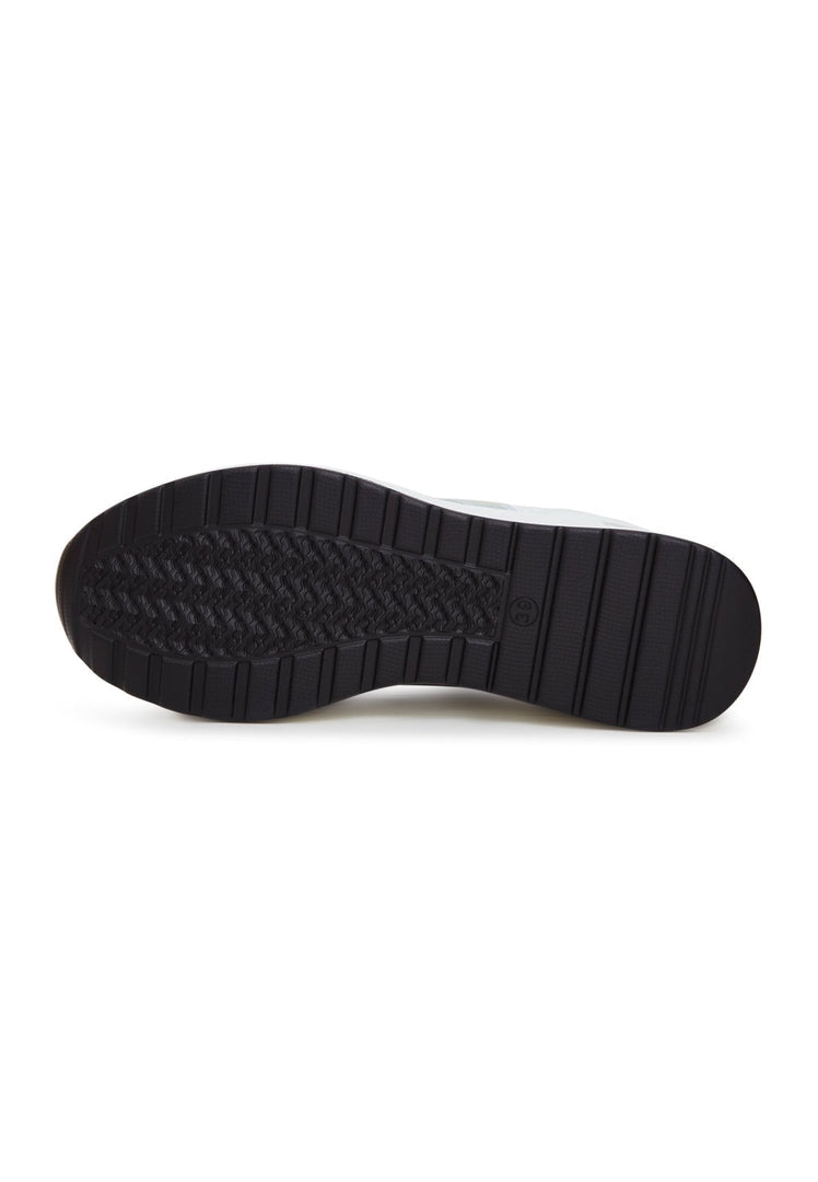 A pair of sleek white leather sneakers, the perfect stylish choice for any outfit.