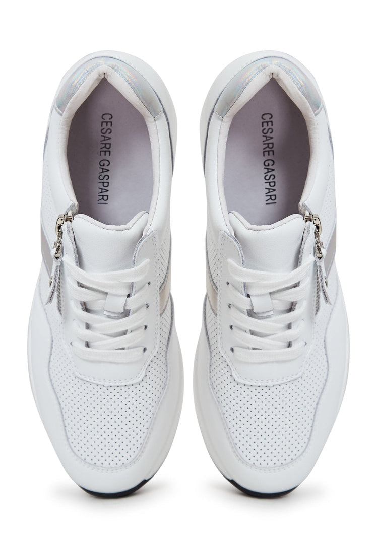 A pair of stylish white leather sneakers, perfect for any outfit.