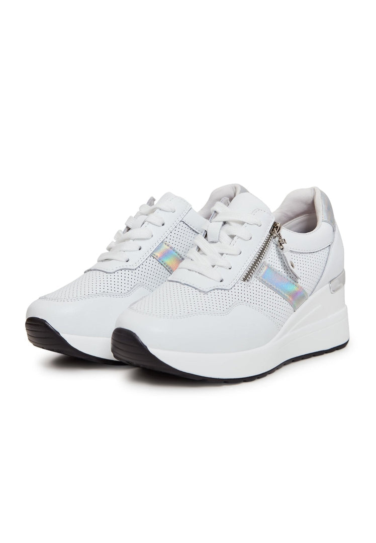 A pair of stylish white leather sneakers, perfect for any casual outfit.