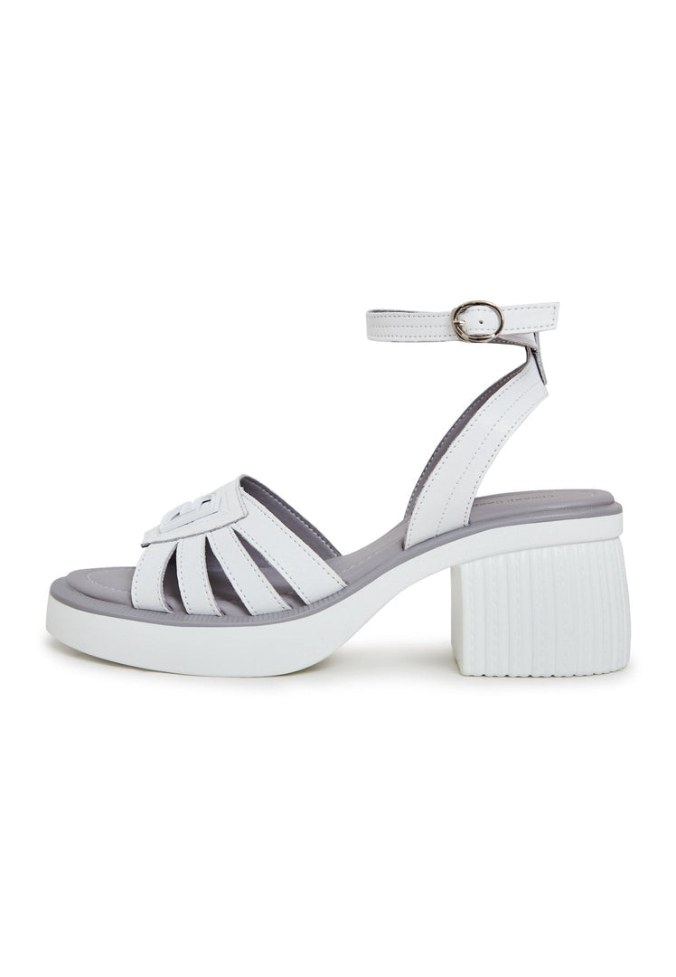 A stylish pair of women's open toe block heel sandals in a trendy chunky heel design.