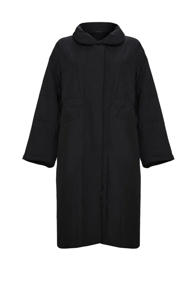 A fashionable black quilted coat for women, ideal for winter outerwear, featuring a long design that is stylish and warm.