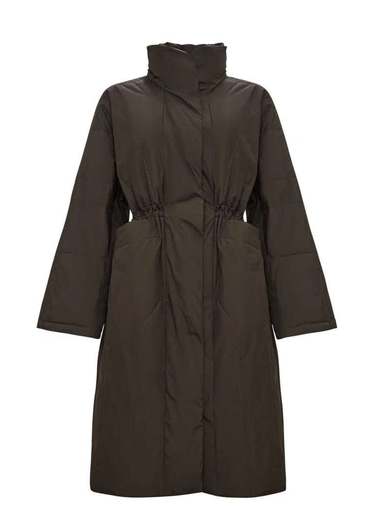 A fashionable long brown quilted puffer coat for women, perfect for winter outerwear.