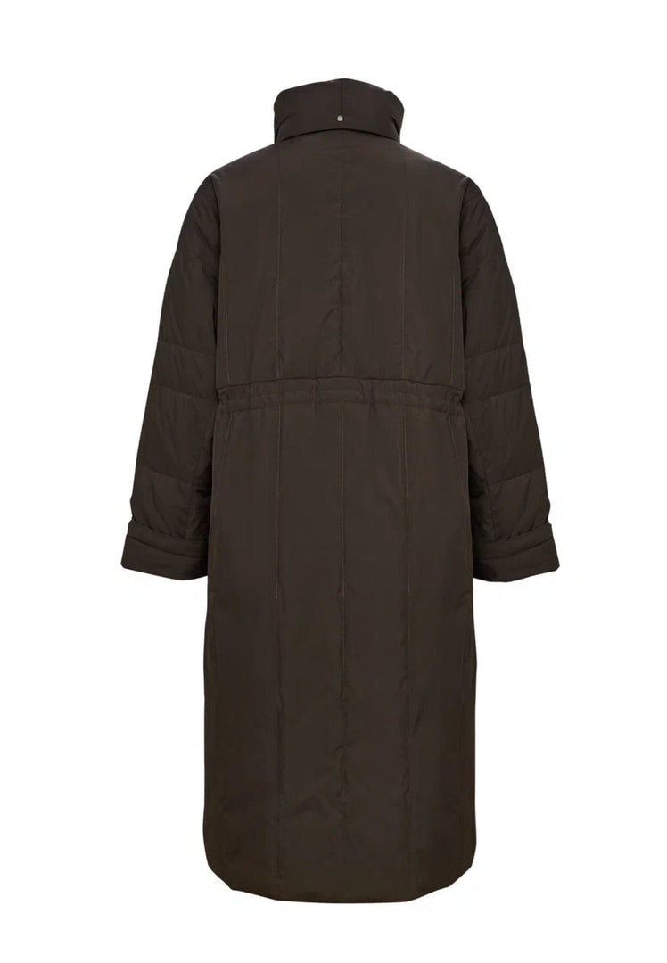A fashionable long quilted puffer coat in brown, ideal for women's winter outerwear.