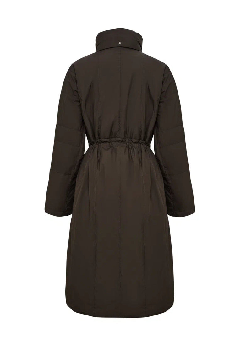 A fashionable long quilted brown winter jacket for women, a stylish puffer coat in brown for women's quilted outerwear.