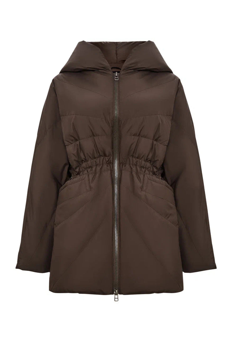 A trendy winter fashion jacket for women, featuring a stylish brown hooded quilted design.