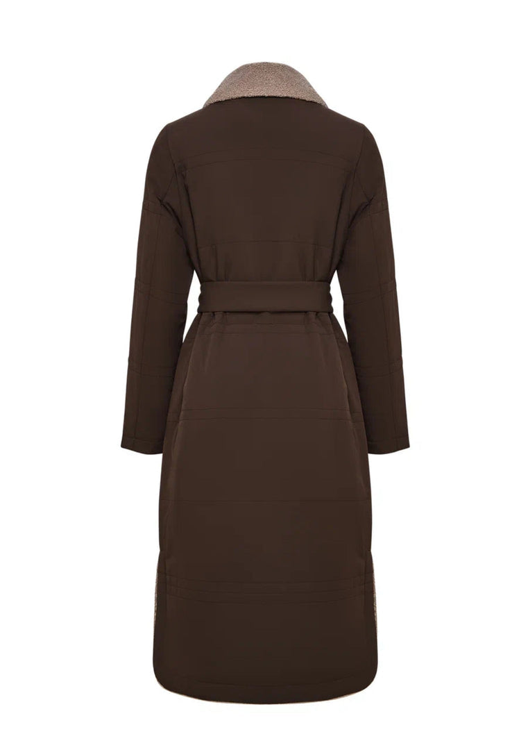 A stylish belted shearling coat with a trendy shearling collar, perfect for the winter season.