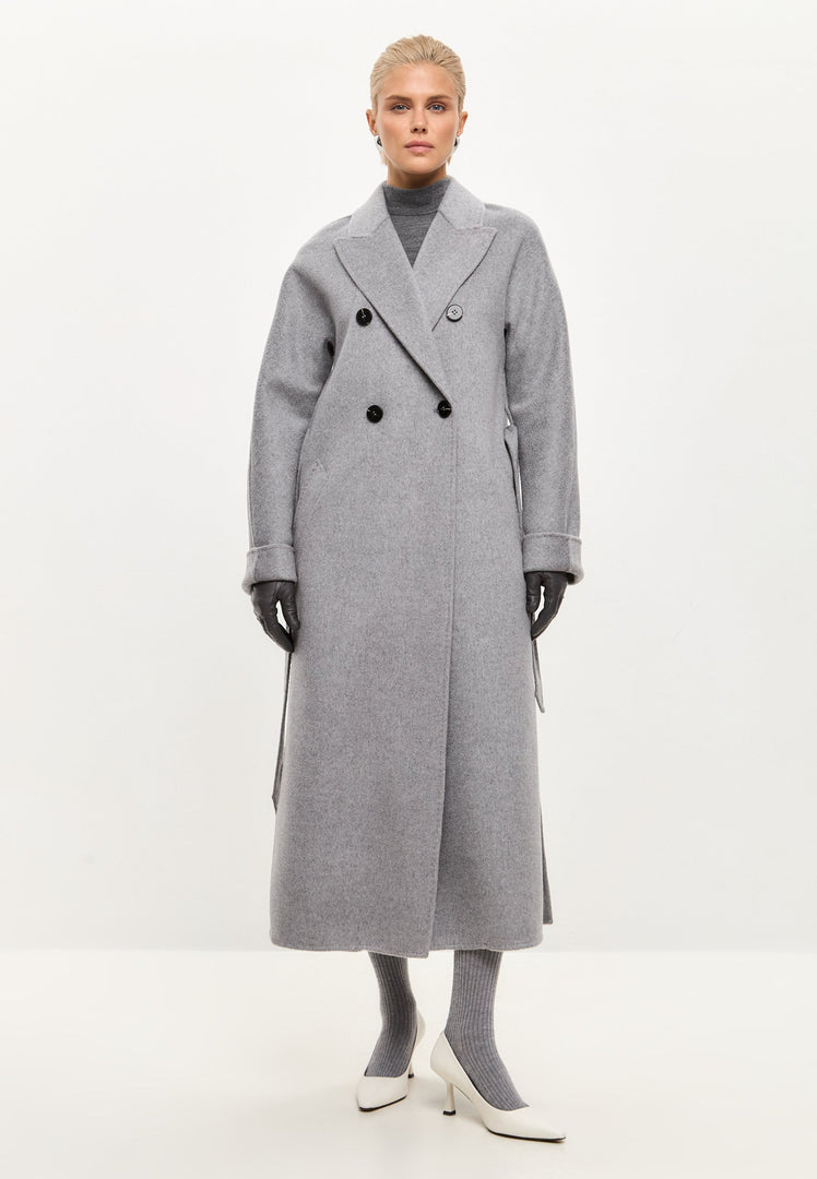 Stay cozy and classy in this luxurious designer outerwear piece - the Rosie coat in a timeless gray color, a classic long coat that's perfect for winter.