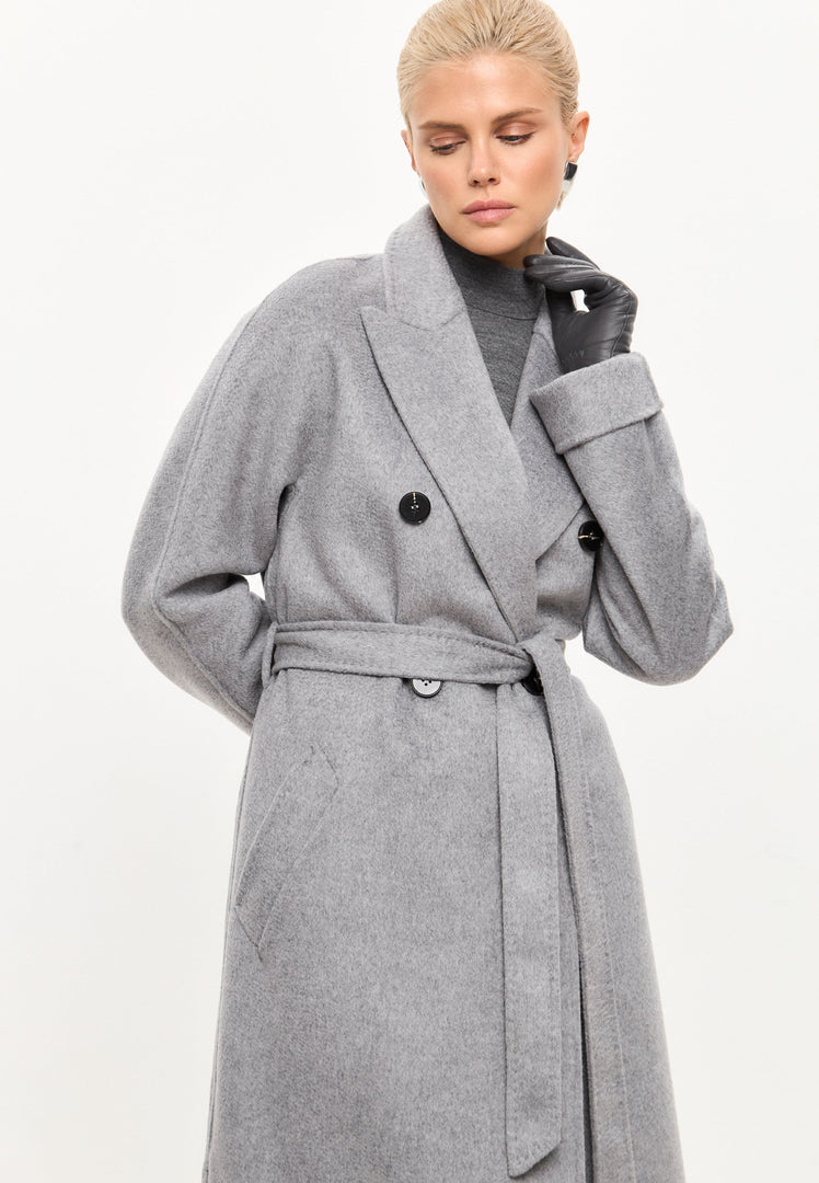 A stylish Rosie coat in classic long design, crafted in luxe gray winter tones, perfect for designer outerwear looks.