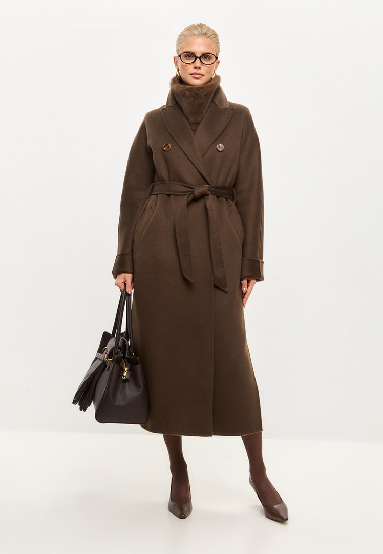 A stylish and timeless Classic Luxe Long Coat Rosie in dark brown, perfect for the winter coat trend in women's fashion.