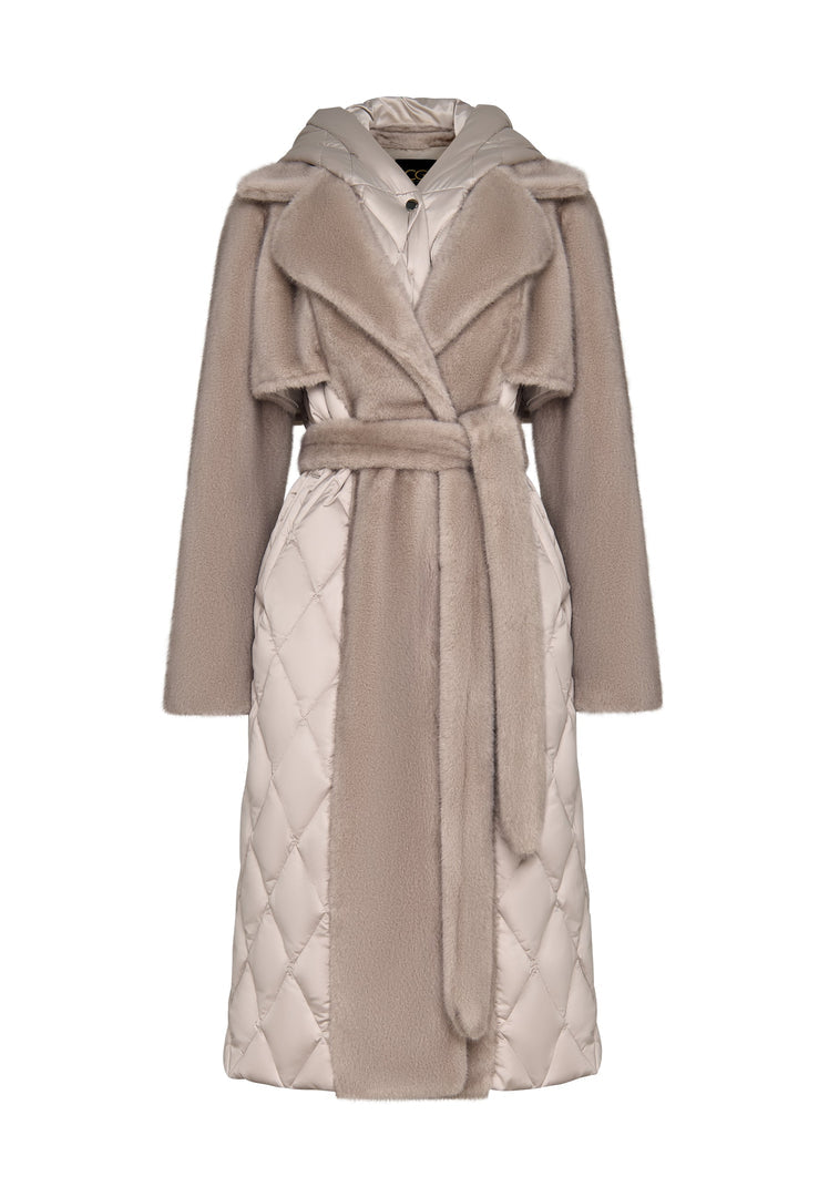 A stylish winter-ready quilted faux fur coat adorned with pearls and a chic belted design for women's winter outerwear fashion.
