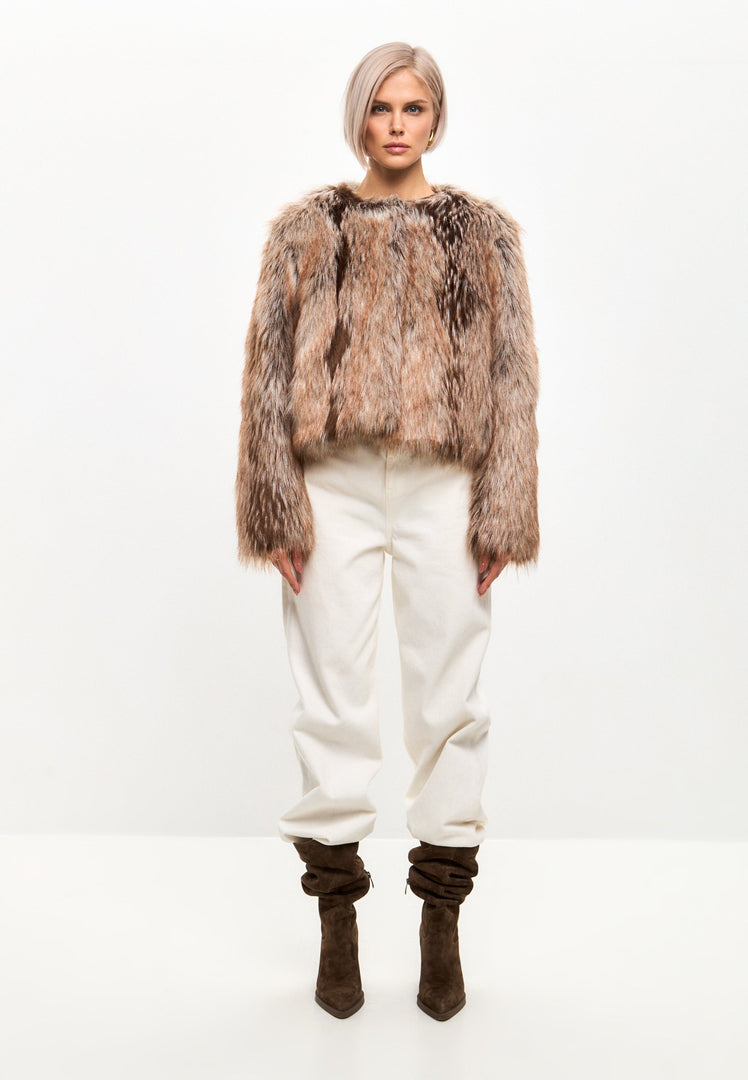 Stay warm and stylish this winter with a luxe brown faux fur jacket, the perfect eco-friendly fashion choice for a cozy and fashionable season.