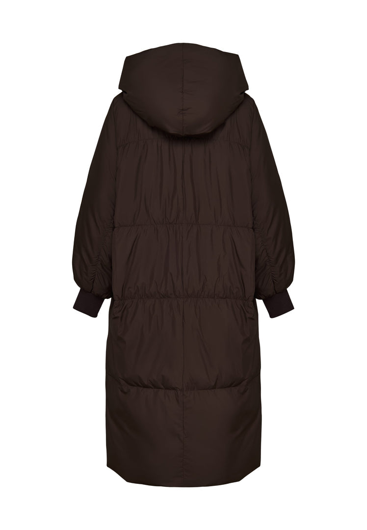 A warm and stylish chocolate oversized puffer coat, perfect for winter, plus size and cozy outerwear fashion looks.