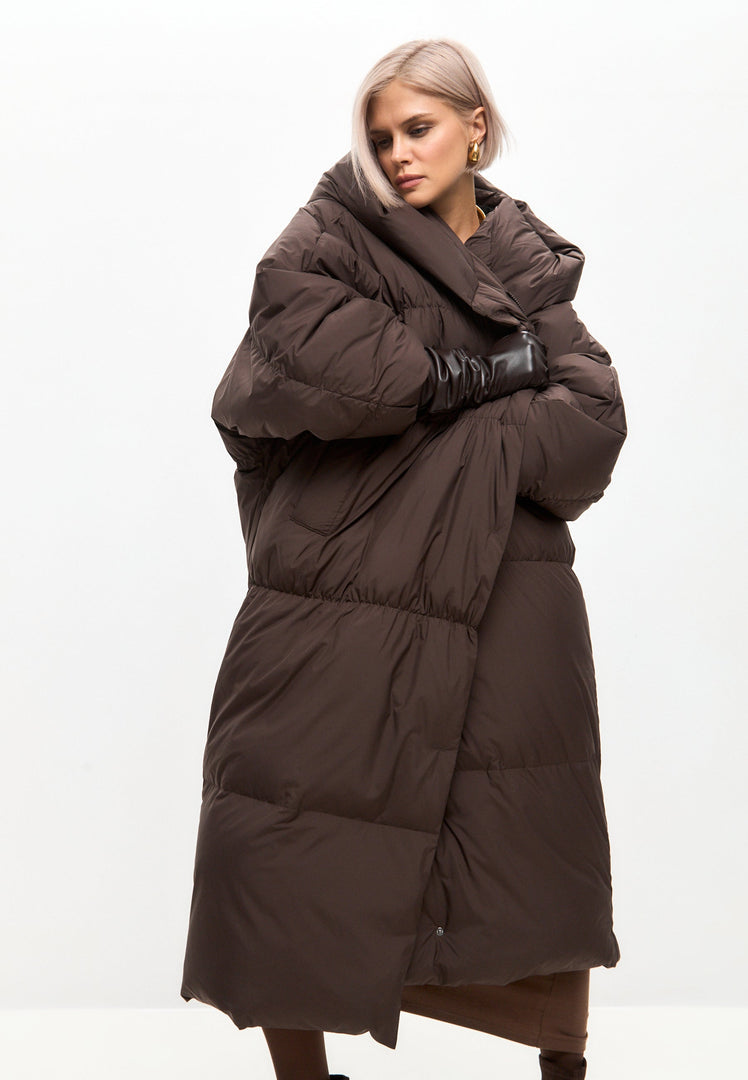 A stylish oversized chocolate puffer jacket, perfect for winter, plus size outerwear at its finest.