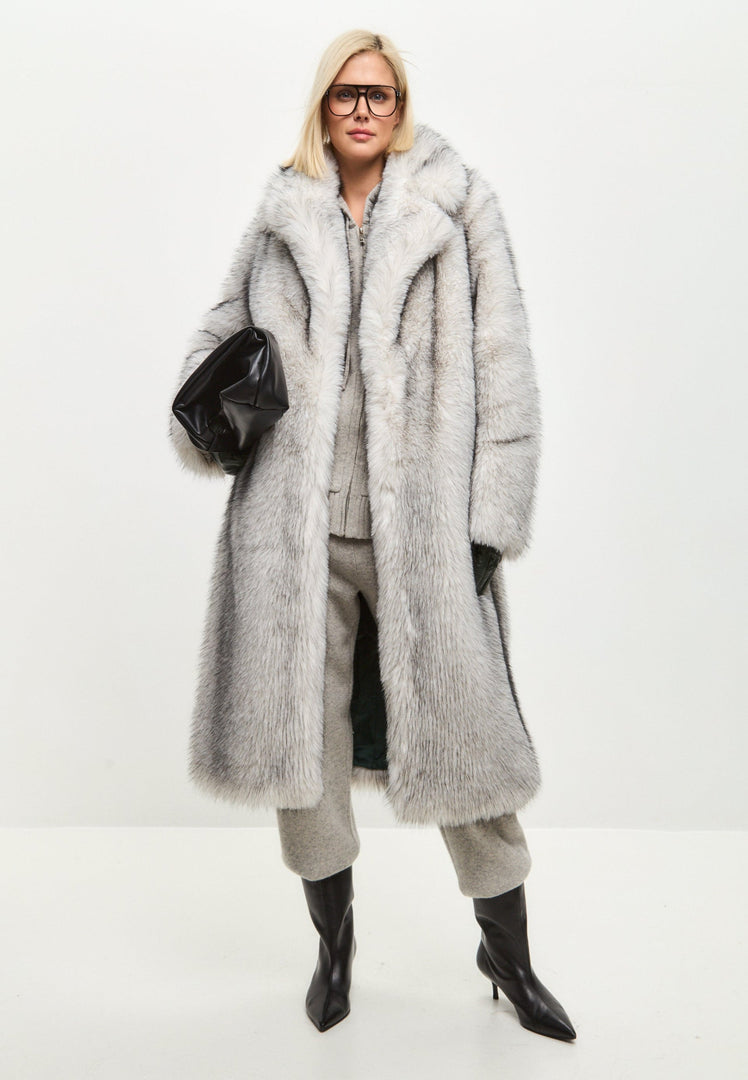 A stylish and cozy gray faux fur coat, the perfect addition to your winter fashion wardrobe for luxurious outerwear.