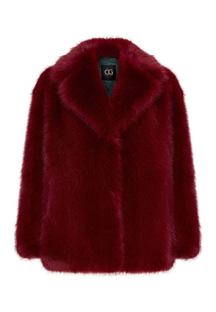 A stylish red faux fur coat, perfect for winter fashion and women's outerwear.