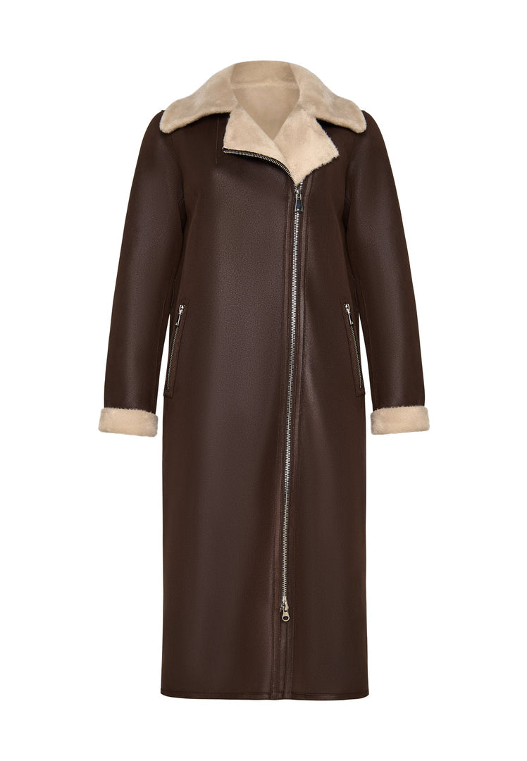 A stylish and cozy reversible shearling coat for women, featuring a brown faux fur exterior and a long design for ultimate warmth and style.