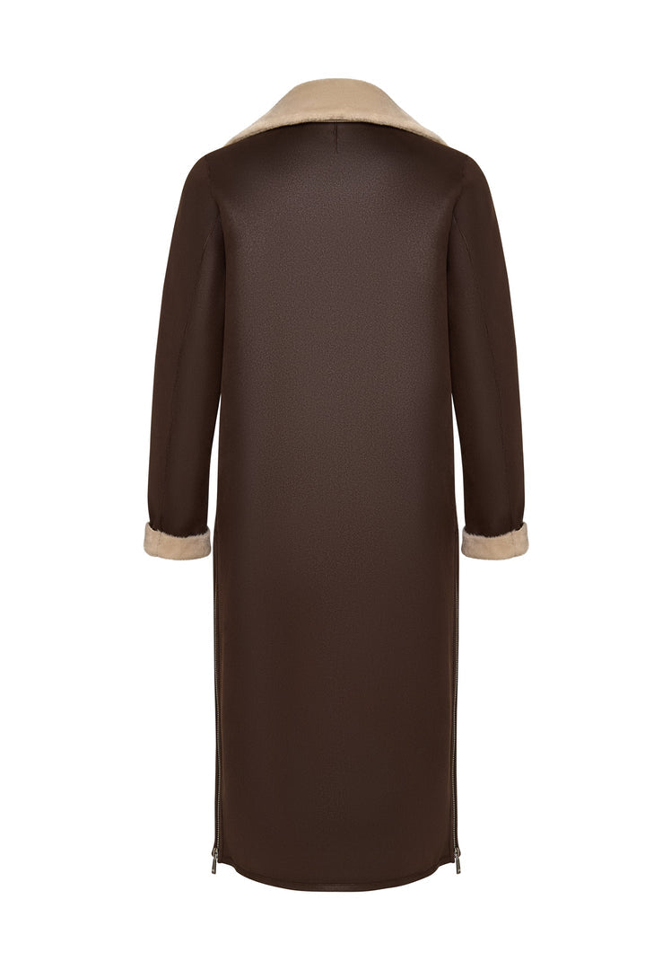 A stylish brown faux fur coat that can be reversed to a cozy shearling jacket - a must-have long shearling jacket for women looking for versatile outerwear options.