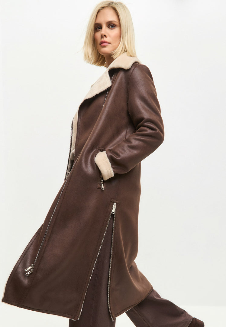 A stylish brown faux fur coat, reversible shearling coat, and long shearling jacket - the perfect brown faux fur outerwear and shearling coat for women.