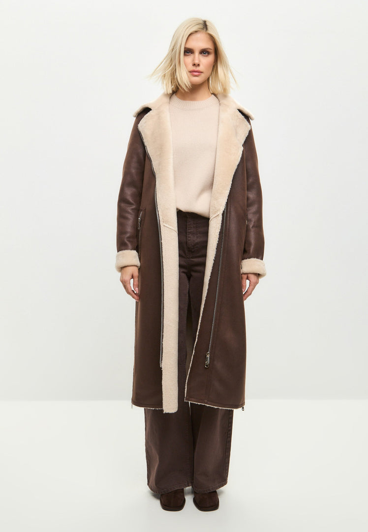A stylish and cozy brown faux fur coat, a reversible shearling coat perfect for cold weather, a long shearling jacket, ideal brown faux fur outerwear, and a fashionable shearling coat for women.