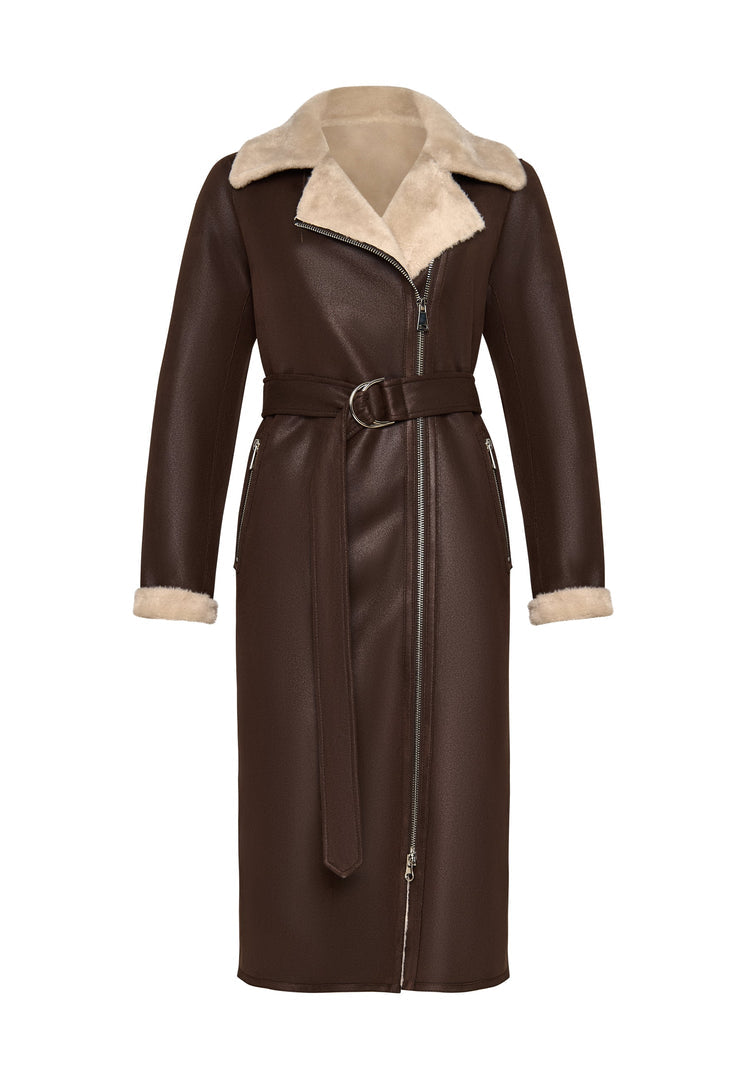 A stylish and versatile reversible shearling coat for women, featuring a luxurious brown faux fur exterior and a long shearling jacket design.