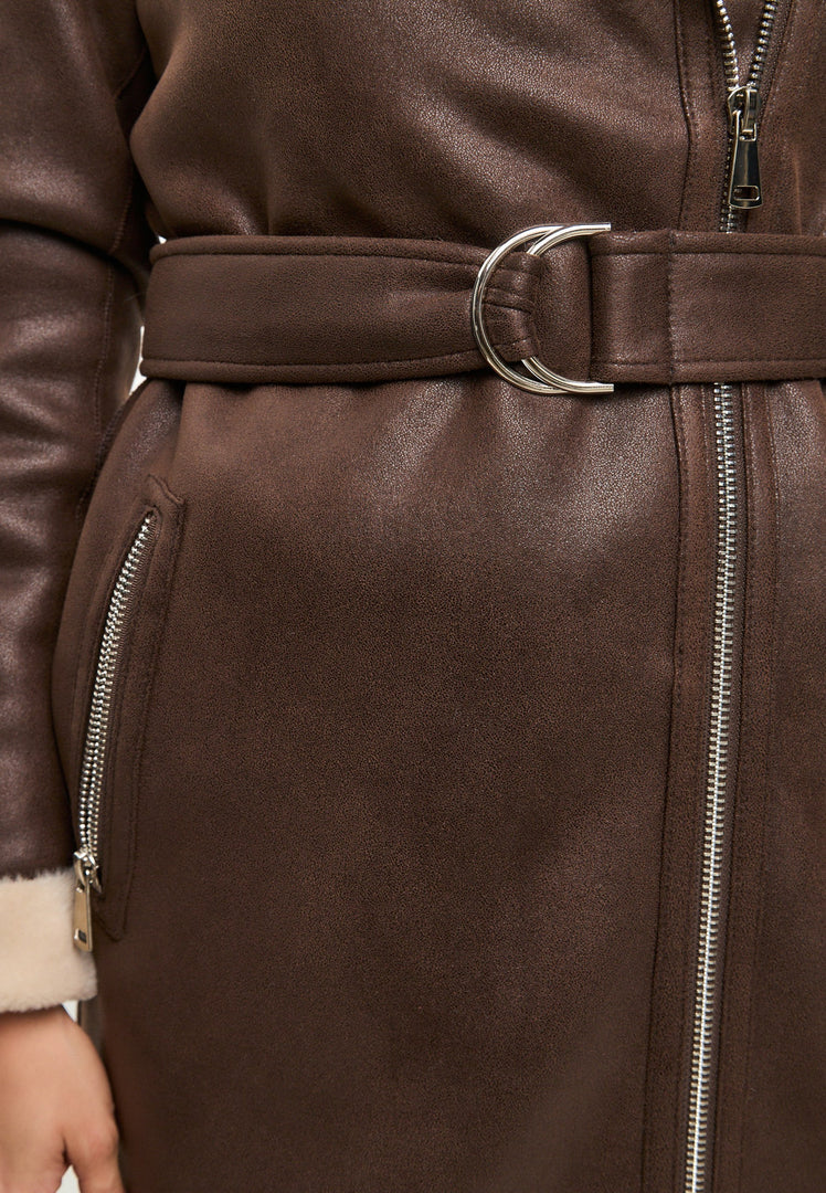 A fashionable brown faux fur coat, reversible shearling jacket, and long shearling coat for women, perfect as stylish brown faux fur outerwear.
