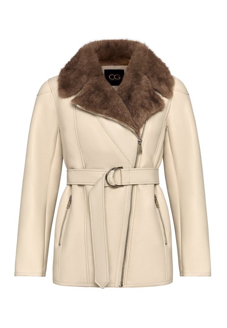 Luxurious Women’s Shearling-Lined Beige Coat with Belt