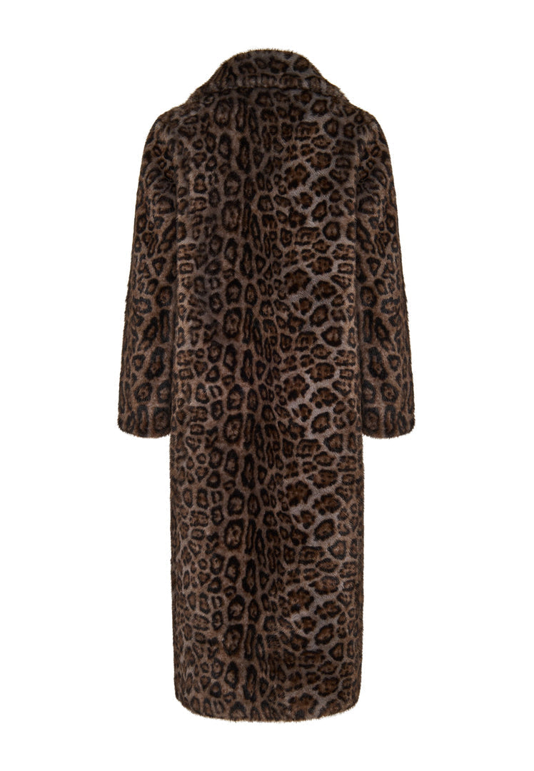 A trendy reversible faux shearling and animal print long coat, perfect for staying warm and stylish this winter.