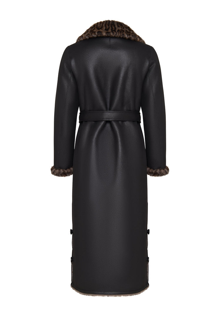 A trendy reversible long faux shearling winter coat with a stylish animal print design, perfect for staying warm and fashionable in cold weather.