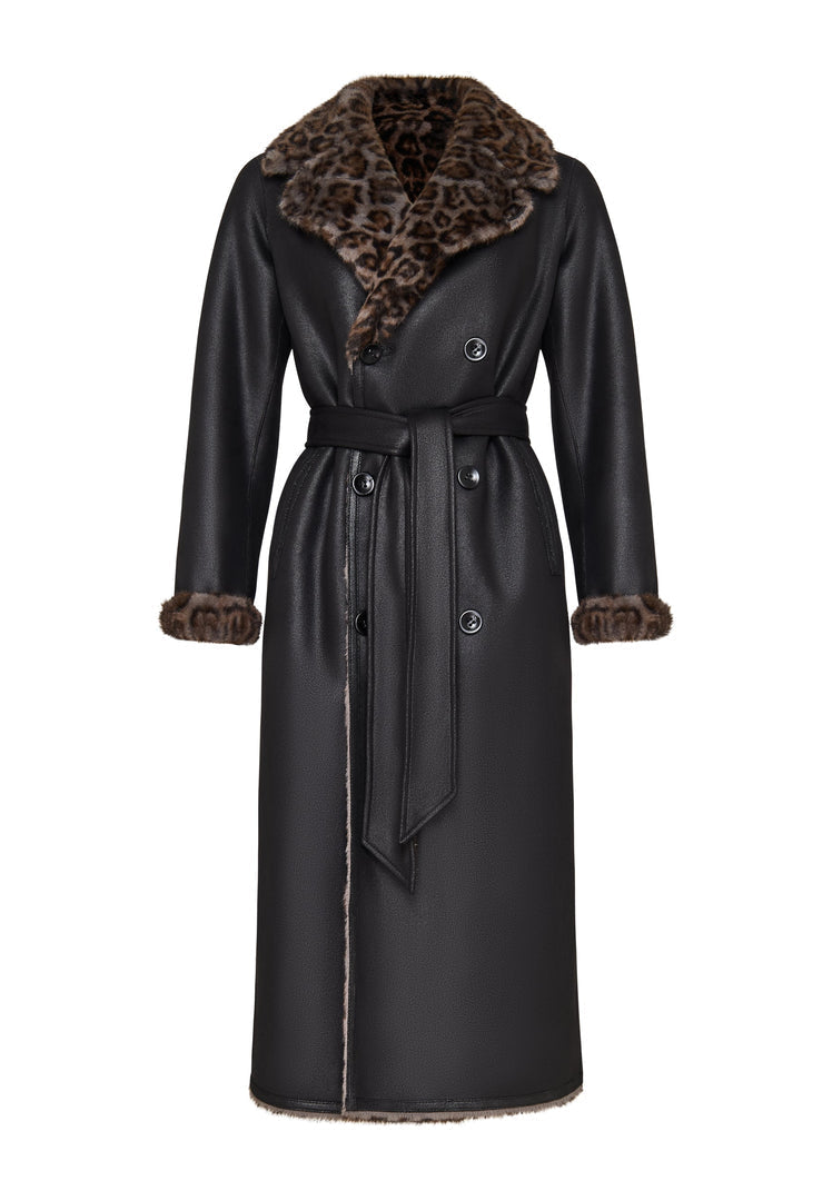 A stylish reversible long faux shearling coat with trendy animal print, perfect for staying warm in the winter.