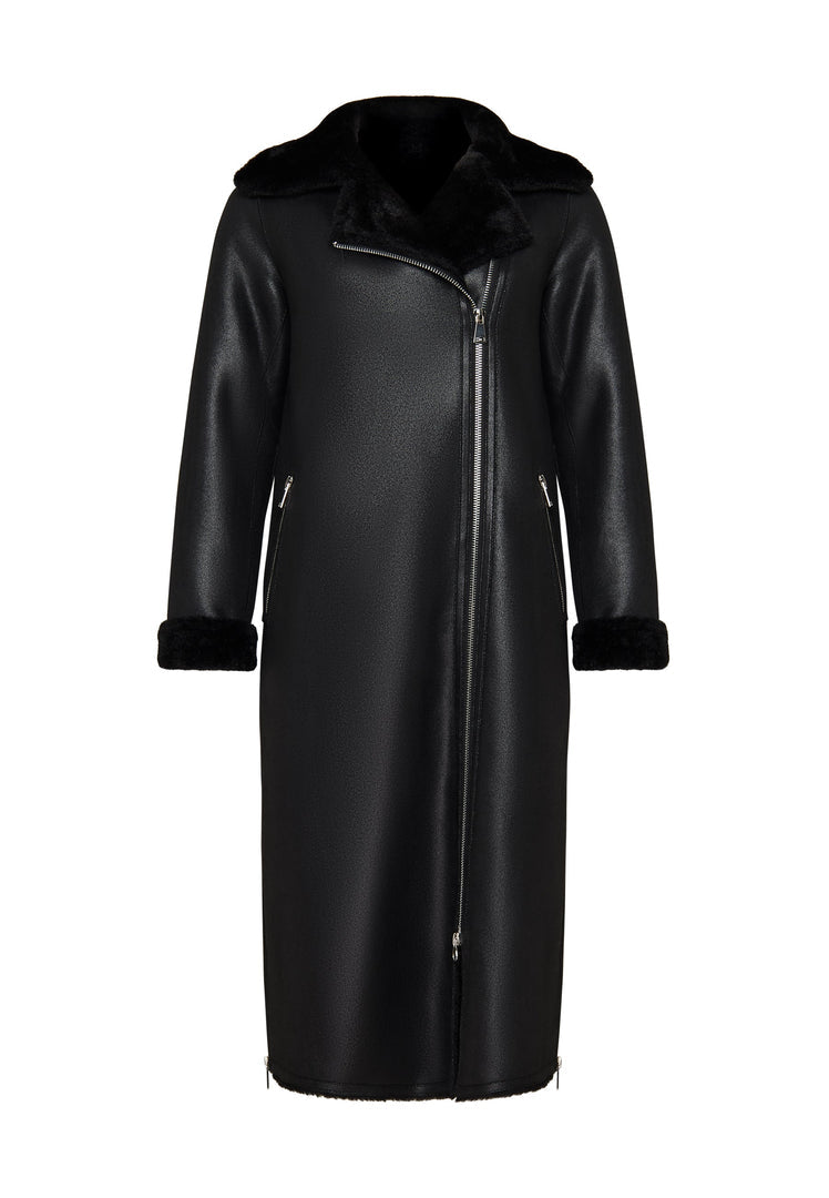 A fashionable black shearling coat, a must-have reversible long coat for women's winter outerwear, a trendy faux shearling jacket.