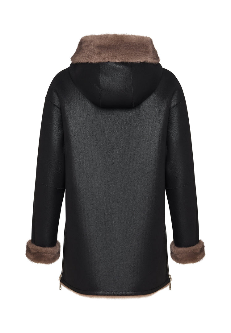 A stylish and trendy reversible faux leather jacket with faux fur trim, the perfect vegan leather outerwear with chic fur details.