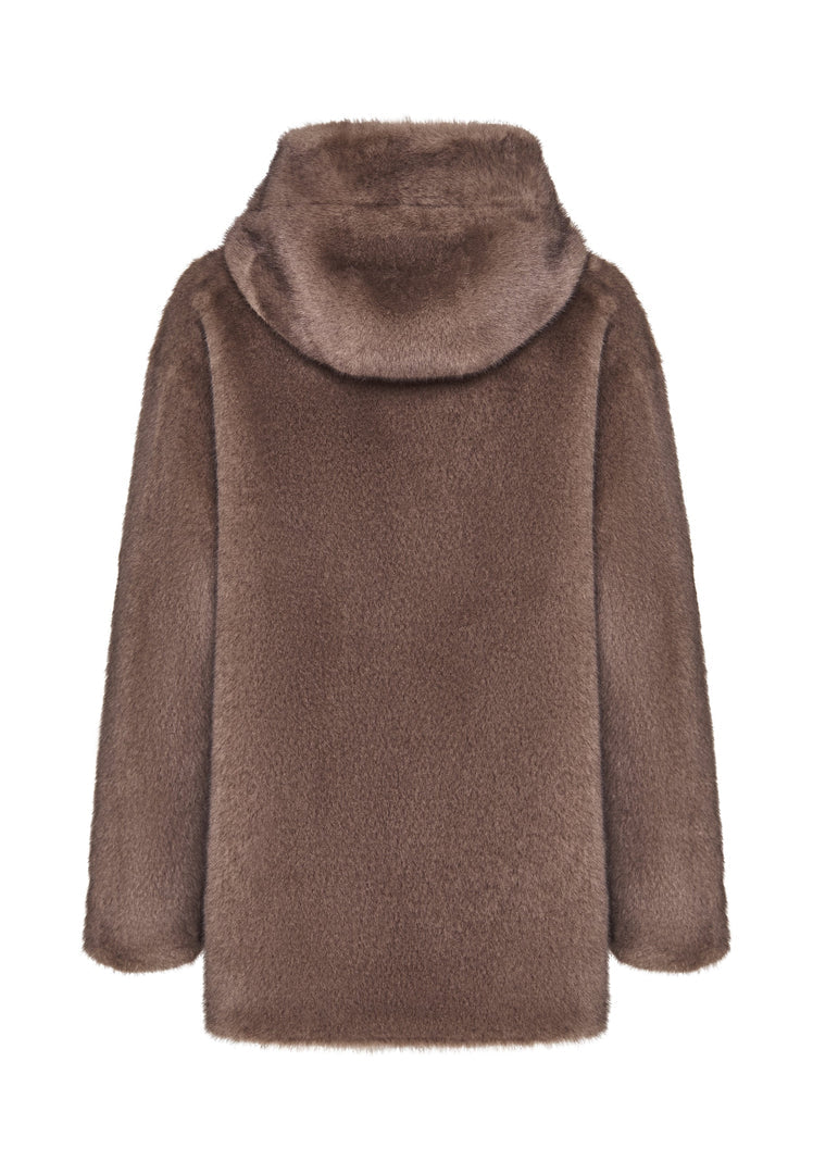 A trendy reversible faux leather jacket with faux fur trim, perfect for a stylish and cruelty-free outerwear option.