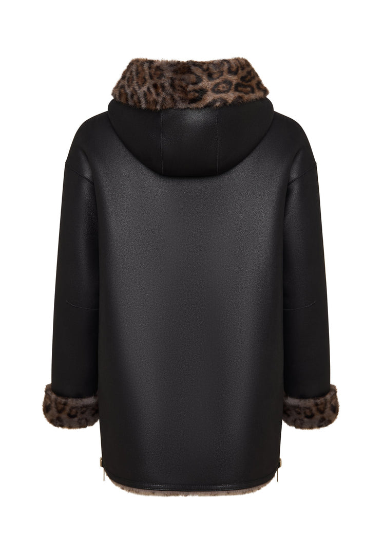 A stylish women's winter jacket with reversible faux leather and leopard faux fur trim, perfect for adding a touch of animal print to your outfit.