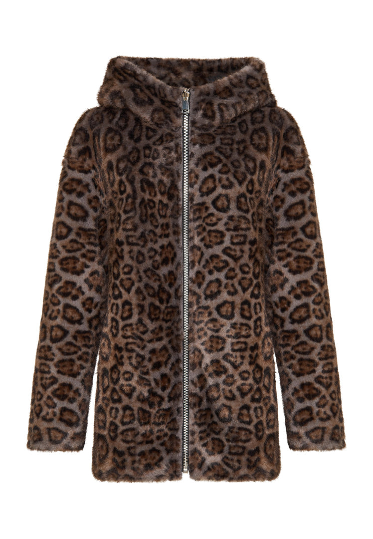 A stylish reversible faux leather jacket with leopard faux fur trim, perfect for upgrading your winter wardrobe.
