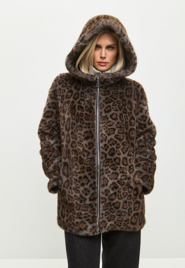 A stylish women's winter jacket featuring reversible faux leather with leopard faux fur trim, perfect for adding a touch of animal print to your outfit.