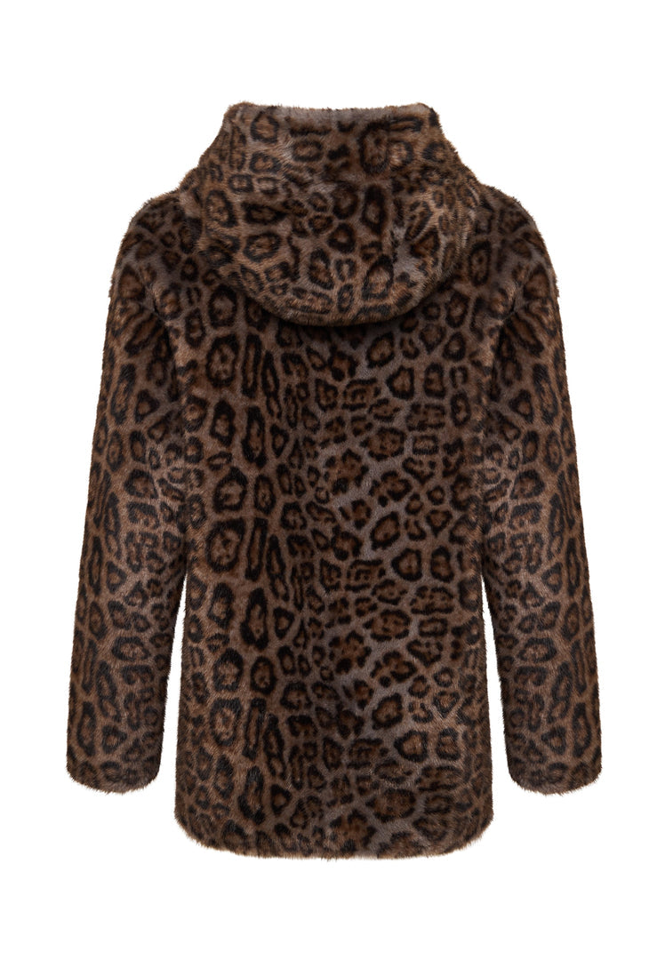 A stylish women's winter jacket featuring a reversible faux leather design with leopard faux fur trim and edgy animal print accents.