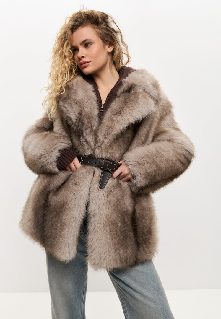 A stylish and luxurious women's faux fur coat in brown, perfect for winter outerwear fashion.