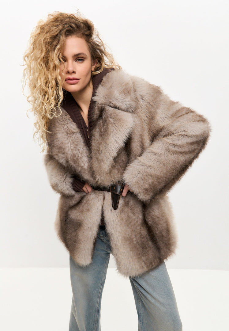 A stylish faux fur brown coat for women, perfect for winter outerwear and luxury fashion.
