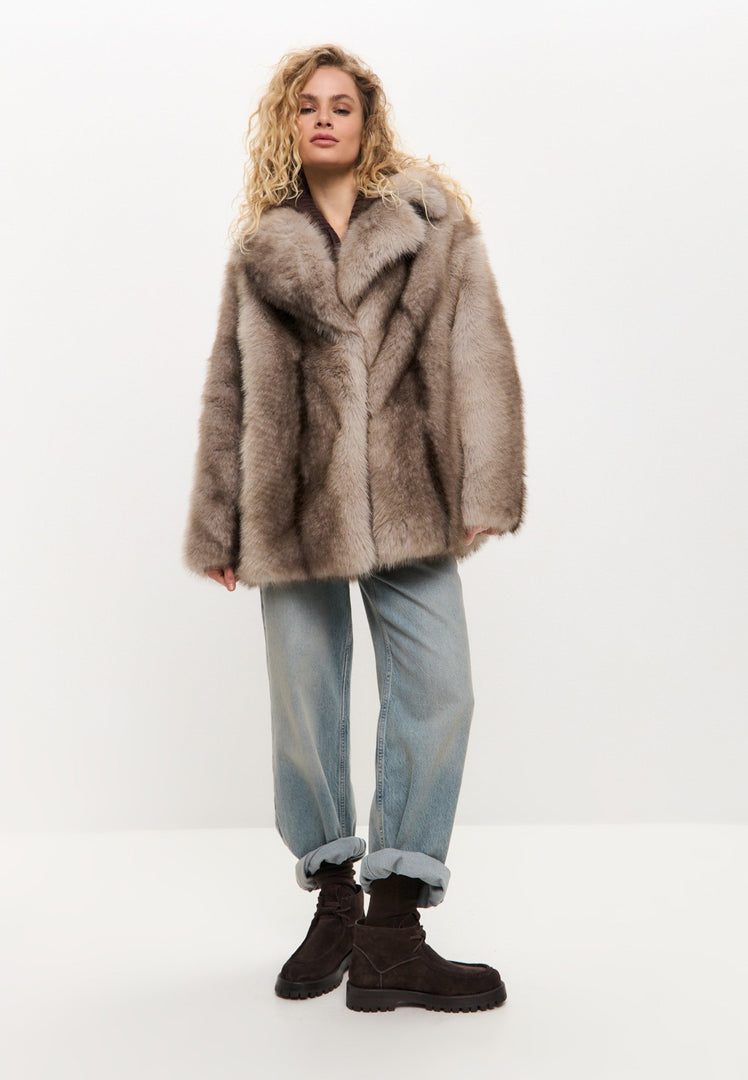 A stylish and luxurious faux fur brown coat, perfect for winter outerwear in women's fashion.