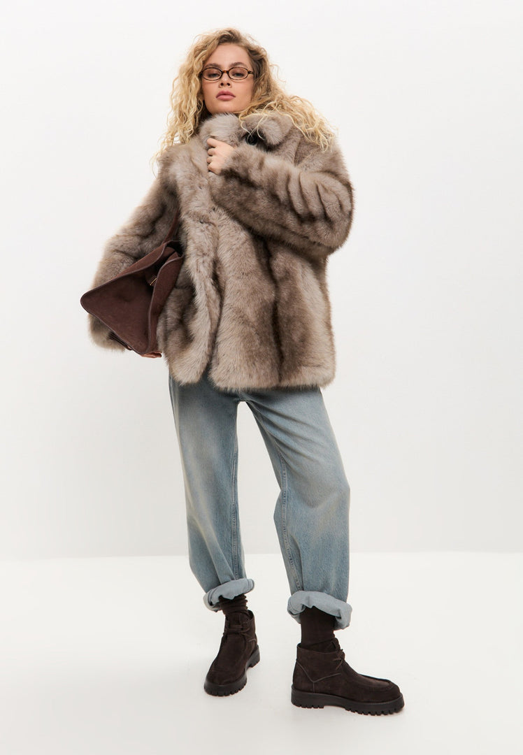A stylish faux fur brown coat, perfect for winter outerwear in women's fashion, showcasing luxurious outerwear.